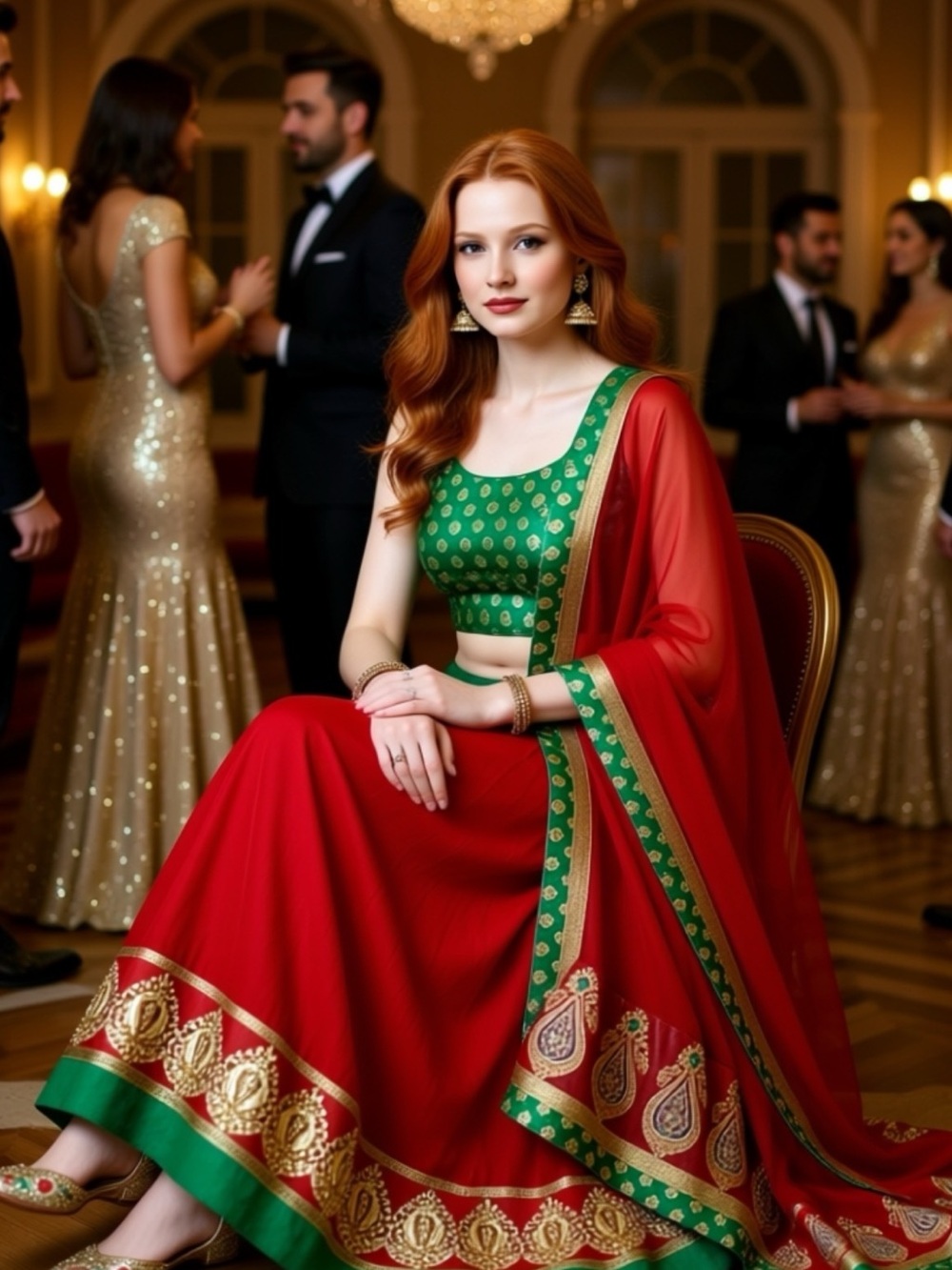 Red and Green Embellished Lehenga Set